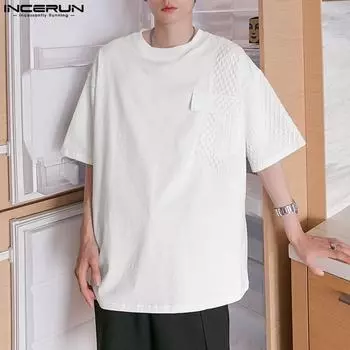 INCERUN Летняя мужская белая вафельная свободная футболка с коротким рукавом и круглым вырезом