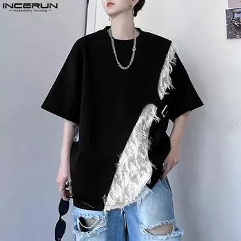 INCERUN Летняя мужская футболка большого размера с коротким рукавом в стиле пэчворк