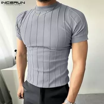 INCERUN Летняя мужская футболка с круглым вырезом и мышцами, тонкие повседневные топы с короткими рукавами