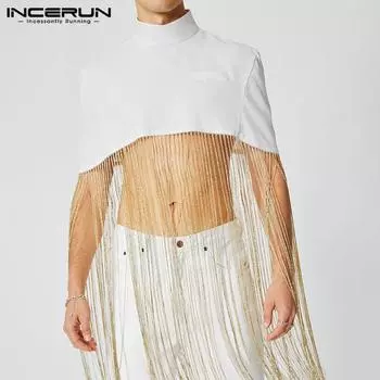INCERUN/летняя мужская мода, однотонный плащ с кисточками, накидка, топы с высоким воротником, Клубная одежда, пончо, повседневные рубашки, большие размеры
