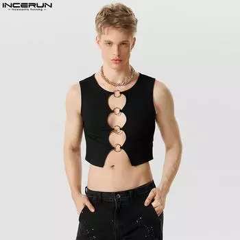 INCERUN Летняя мужская мода укороченный вязаный жилет с дизайном кольца