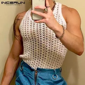 INCERUN Летняя мужская модная майка Дышащие белые топы с прозрачными вырезами без рукавов с круглым вырезом Одежда для отдыха Рубашки из чистой пряжи S-5XL