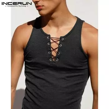 INCERUN/летняя мужская модная жилетка на шнуровке, топы без рукавов, облегающая пляжная блузка на бретельках, S-5XL