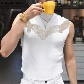 INCERUN/летняя мужская модная жилетка с высоким воротом и кисточками, облегающий повседневный дизайн, топы на бретелях, однотонная клубная одежда, сексуальная блузка, S-5XL