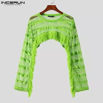 INCERUN/летняя мужская накидка с длинными рукавами и кисточками, модные прозрачные топы для вечеринок