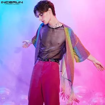 INCERUN Летняя мужская прозрачная сетчатая клубная одежда, облегающие футболки 5XL