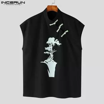 INCERUN Летняя мужская рубашка без рукавов с пряжкой и пуговицами в китайском стиле