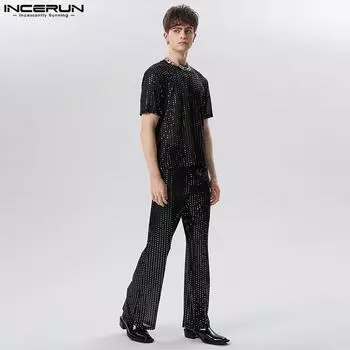 INCERUN Летняя мужская сетчатая футболка с короткими рукавами + брючный костюм в горошек, блестящий комплект из двух предметов