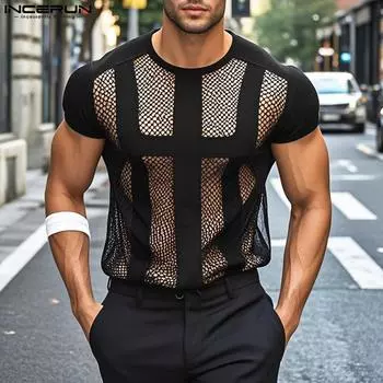 INCERUN Летняя мужская сетчатая прозрачная футболка с коротким рукавом, топы из пряжи в стиле пэчворк 2XL чёрный