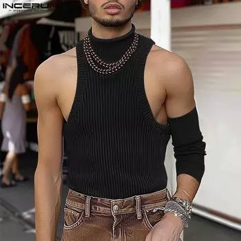 INCERUN Летняя мужская водолазка без рукавов Тонкий вязаный жилет Майки XL чёрный