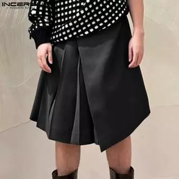 INCERUN Летняя плиссированная юбка на молнии и шорты Летние короткие брюки трапециевидной формы S чёрный