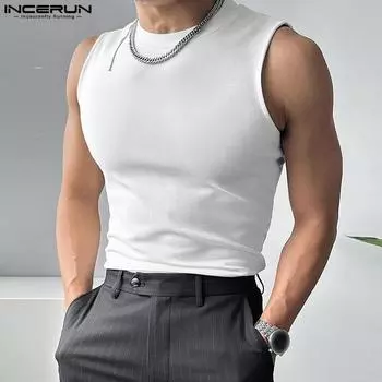 INCERUN Лето-весна мужские однотонные топы без рукавов майки M чёрный