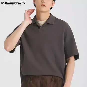 INCERUN/лето-весна мужские свободные однотонные поло с короткими рукавами и лацканами, футболка XL белый
