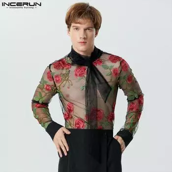 INCERUN Me Прозрачные рубашки из сетки с длинными рукавами и вышивкой