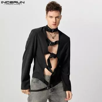 INCERUN Men Adjustable Neck Long Sleeve Bandage Shirts Casual Cargo Tops S чёрный