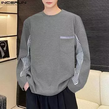 INCERUN Мужские осенние толстовки с круглым вырезом и длинным рукавом в полоску в стиле пэчворк 2XL чёрный