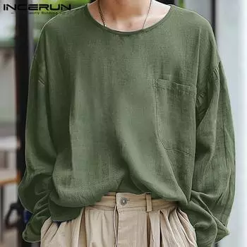 INCERUN Мужские осенние топы с круглым вырезом и длинным рукавом, однотонные повседневные майки S зелёный