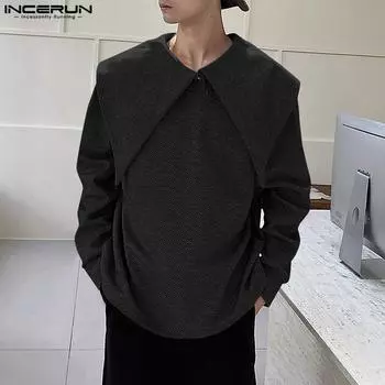 INCERUN Мужские вельветовые пуловеры осень-весна с большим лацканом и длинным рукавом 4XL чёрный