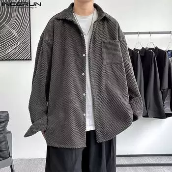 INCERUN Мужские осенние отложные воротники с длинным рукавом на пуговицах с текстурой свободные толстые рубашки пальто S серый