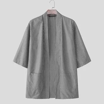 INCERUN Men Batwing Sleeve Open Front Striped Casual Kimono Cardigan Tops S