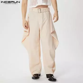 INCERUN Мужские брюки-шаровары с поясом и молнией на талии, повседневные большие свободные брюки S чёрный