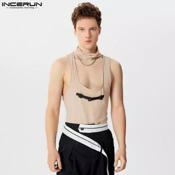 INCERUN Мужские трикотажные майки-топы с глубоким вырезом и воротником-стойкой, свободный жилет в стиле пэчворк S чёрный