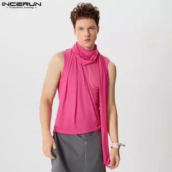 INCERUN Мужской жилет с воротником-стойкой без рукавов из сетчатой ткани с оборками для вечеринок и клуба M чёрный