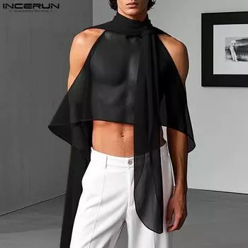 INCERUN Men Big Cuff Sleeveless Ruffled Mesh Sheer Irregular Party Club Tank Tops XL