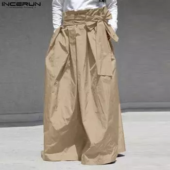 INCERUN Men Bow Knot High Zipper Waist Casual Loose Long Trousers Wide Legs Pants S чёрный