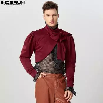 INCERUN Men Bow Knot Long Sleeve Irregular Split Cropped Tops Shirts S фиолетовый