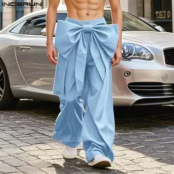 INCERUN Men Bow Knot Zipper Up Waist Casual Solid Satin Wide Leg Pants S чёрный
