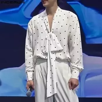 INCERUN Men Bow Kont Tie Long Sleeve Polka Dots Casual Loose Shirts Tops 4XL белый