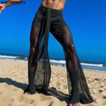 INCERUN Men Bow Tie Elastic Waist Stitching Mesh Sheer Casual Long Pants Lace Trousers S чёрный