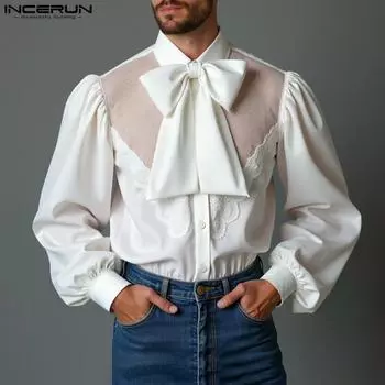 INCERUN Men Bow Tie Neck Lace Mesh Patchwork Shirts Buttons Casual Party Tops S чёрный