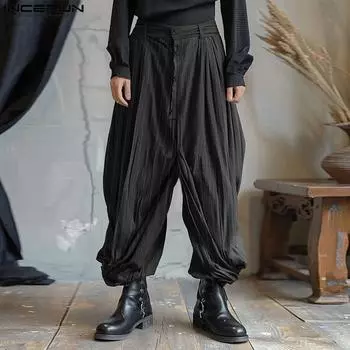 INCERUN Men Button Zipper High Waist Striped Casual Long Harem Pants L чёрный