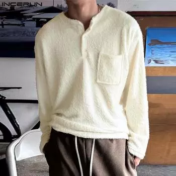 INCERUN Men Buttons Neck Long Sleeve Furry Casual Solid Loose T-shirts Tops S белый