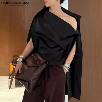 INCERUN Men Buttons Off Shoulder Satin Shirts Long Sleeve Solid Color Tops S чёрный