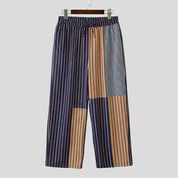 INCERUN Men Casual Elastic Waist Stitching Striped Long Trousers Pants M