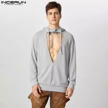 INCERUN Men Casual Long Sleeve Hooded Sweatshirts Deep V Neck Cutout Pullovers 3XL чёрный