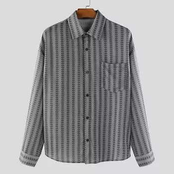 INCERUN Men Casual Loose Lapel Long Sleeve Striped Print Shirts Tops S