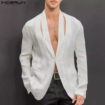 INCERUN Men Collarless Hollow Long Sleeve One Button Blazer Texture Coats 4XL чёрный
