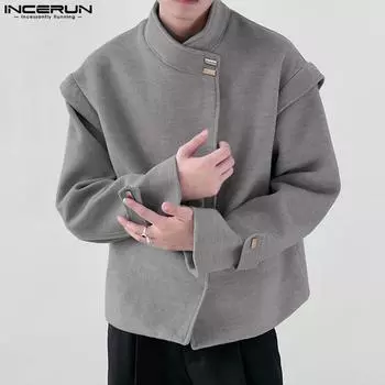 INCERUN Men Collarless Long Sleeve Buttons Up Loose Jackets Coats S синий