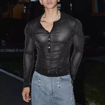 INCERUN Men Collarless Long Sleeve Mesh Sheer Tops Glitter Buttons Slim Undershirts XL