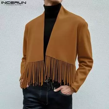 INCERUN Мужские повседневные короткие пальто без воротника с длинным рукавом и кисточками, нестандартной формы, с открытым передом 4XL зелёный