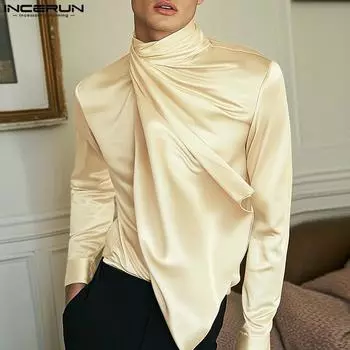 INCERUN Men Cowl Neck Long Sleeve Satin Shirts Front Cross Ruffled Tops 2XL бежевый