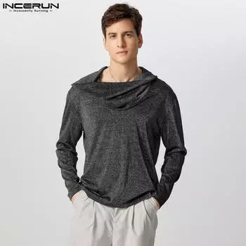INCERUN Men Cowl Neck Long Sleeve See Through Irregular Tops Glitter Mesh T-shirts S чёрный