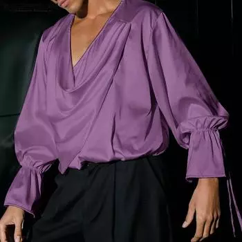 INCERUN Men Cowl Neck Satin Shirts Long Sleeve Solid Color Ruffled Tops S чёрный