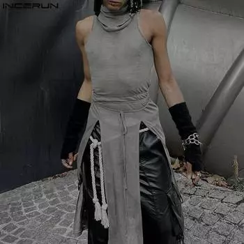 INCERUN Men Cowl Neck Sleeveless Bandage Waist Tank Tops Casual Long Splits T-shirts 2XL