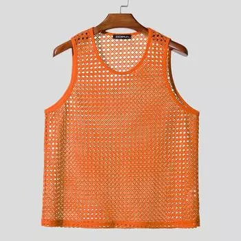 INCERUN Men Crew Neck Sleeveless Hollow Out Casual Beach Tank Tops оранжевый