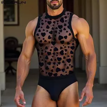 INCERUN Men Crew Neck Sleeveless Lace Mesh Sheer Leotard Underwear Slim Fit Jumpsuits S